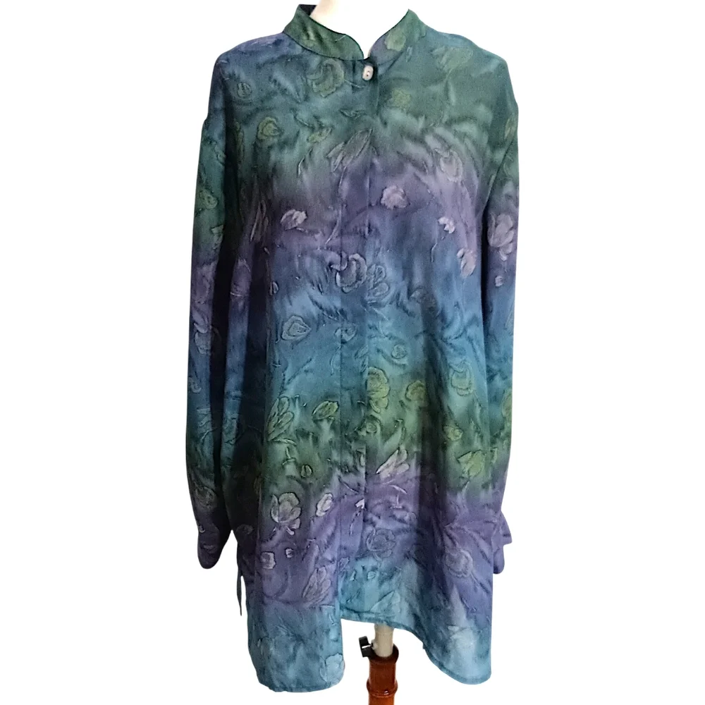 Dana‎ Taylor Woman Floral Blouse 1X Button Up Tunic Watercolor Feminine Romantic